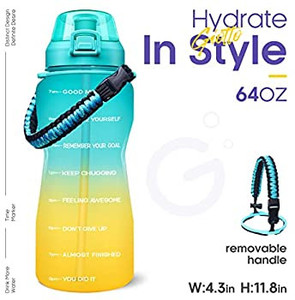 lot 7081 image: Giotto Large Half Gallon64OZ Motivational Water Bottle with Paracord Handle & Straw - Leakproof Tritan BPA Free Fitness Sports Water Jug with Time Marker to Ensure You Drink Enough Water Daily