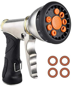 lot 7096 image: Praswii Garden Hose Nozzle, High Pressure Water Hose Nozzle Sprayer, Anti-Leak & Heavy-Duty Metal Spray Nozzle with 9 Adjustable Patterns for Watering Plants & Lawn, Car Washing, Patio, Dog & More