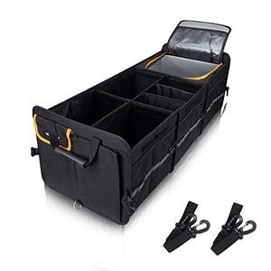 lot 9647 image: Heytrip Large Trunk Organizer With Built-in Leakproof Cooler Bag, 2 Tie-Down Straps, 4 Removable Dividers, Foldable Cover, Built with 2mm PE Board