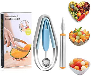 lot 9744 image: HONOOR 2 Pieces Melon Baller Scoop Set, 4 in 1 Melon Baller & Fruit Scoops Set Stainless Steel Fruit Carving Knife Melon Peeler Watermelon Slicer Multifunctional Kitchen Tool Fruit Baller Melon Spoons
