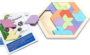 lot 9766 image: ROXENDA Wooden Hexagon Tangram Puzzle Set, Geometry Shape Pattern Blocks Brain Teaser Challenge Puzzles, Logic IQ Game STEM Montessori Educational Toy for All Ages - 2 Pack