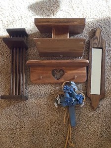 lot 134 image: Wood decor, hand made book stand, shelf, mirror.