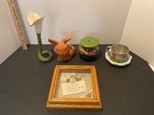 lot 182 image: Home decor, vase, bunny planter, sister wall art, tin ponderosa cup, milk glass candy dish