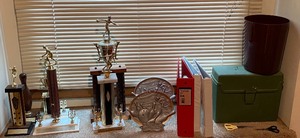 lot 264 image: Trophies, Trash bin, Binders
