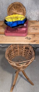 lot 299 image: Wicker plant stand, food trays, jello molds, plate holders