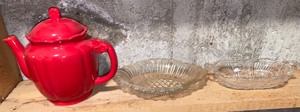 lot 310 image: Red tea kettle with glassware