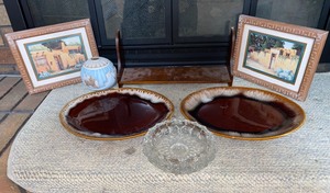 lot 336 image: Wall art, two plates, glassware