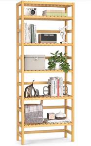 lot 17171 image: Homykic Bookshelf, 6 Tiers Bamboo Adjustable Tall Bookcase Book Shelf Rack Organizer Shelving Unit Free Standing Storage for Living Room, Study, Kitchen, Bedroom, Balcony, Office, Bathroom, Natural
