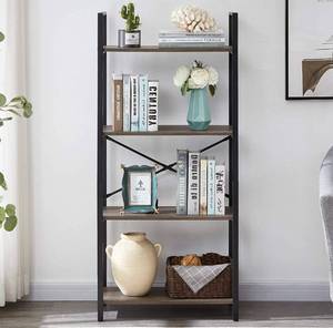 lot 17173 image: OIAHOMY Industrial Bookshelf, 4-Tier Bookcase and Bookshelves, Vintage Bookshelf with Metal Frame, Rustic Organizer Shelving Unit, Multipurpose Storage Display Rack for Home and Office - Oak Grey