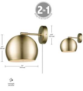 lot 17186 image: Globe Electric 51577 Novogratz x Globe Willow 1-Light Plug-in or Hardwire Wall Sconce, Matte Brass, White Fabric Cord, In-Line OnOff Rocker Switch
