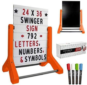 lot 17212 image: Swinging Changeable Message Sidewalk Sign with Decorative Orange Look Legs 24 x 36 Sign with Bonus Black Board. Includes 792 Pre-Cut Double Sided Letters and Storage Box and 4 Chalk Markers