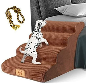 lot 17219 image: Steps A Little Warped- Topmart High Density Foam Dog Steps 4 Tiers,Extra Wide Deep Pet Steps,Non-Slip Pet Stairs,Dog Ramp for Bed,Soft Foam Dog Ladder,Best for Older Dogs Injured,Older Pets,Cats with Joint Pain