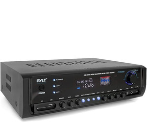 lot 17242 image: Pyle Wireless Bluetooth Power Amplifier System 300W 4 Channel Home Theater Audio Stereo Sound Receiver Box Entertainment w USB, RCA, 3.5mm AUX, LED, Remote for Speaker, PA, Studio- PT390BTU,BLACK