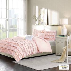 lot 17276 image: Intelligent Design ID10-1381 Waterfall Comforter Reversible Solid Lush Ruffled Stripe Shabby Chic Ultra Soft Microfiber Down Alternative Pleated Decor Pillow Bedding Set, FullQueen, Blush, 4 Piece