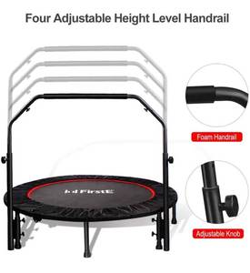 lot 17282 image: FirstE 48 Foldable Fitness Trampolines, Rebound Recreational Exercise Trampoline with 4 Level Adjustable Heights Foam Handrail, Jump Trampoline for Kids and Adults Indoor&Outdoor, Max Load 440lbs