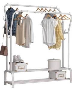 lot 17315 image: UDEAR Garment Rack Freestanding Hanger Double Rods Multi-functional Bedroom Clothing Rack, Double layer 4 HooksWhite