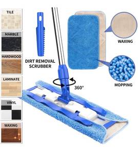 lot 17328 image: MR.SIGA Professional Microfiber Mop for Hardwood, Laminate, Tile Floor Cleaning, Stainless Steel Handle - 3 Reusable Flat Mop Pads and 1 Dirt Removal Scrubber Included
