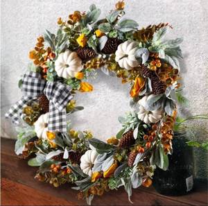 lot 17333 image: 22 inch Farmhouse Fall Wreath for Front Door with White Pumpkin,Cotton,Lambs Ear and Eucalyptus Leaves,Harvest Door Wreath for Autumn or Thanksgiving Decorations - OEM