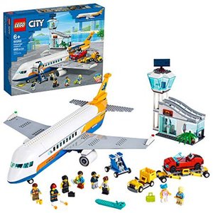 lot 17334 image: LEGO City Passenger Airplane 60262, with Radar Tower, Airport Truck with a Car Elevator, Red Convertible, 4 Passenger and 4 Airport Staff Minifigures, Plus a Baby Figure, New 2020 (669 Pieces)