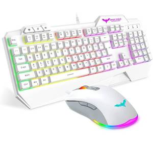 lot 17343 image: havit Keyboard Rainbow Backlit Wired Gaming Keyboard Mouse Combo, LED 104 Keys USB Ergonomic Wrist Rest Keyboard, 4800 DPI Mouse for PC Gamer (White)