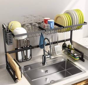 lot 17352 image: Over The Sink Dish Drying Rack, SNTD Width Adjustable32Sink Size  40 Stainless Steel Kitchen Supplies Storage Counter Organizer, Black