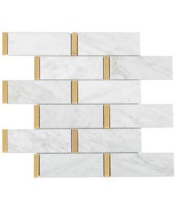 lot 17358 image: Diflart Carrara White Marble Mosaic Subway Tiles with Metal Brass Polished for Kitchen Bathroom Backsplash Pack of 5