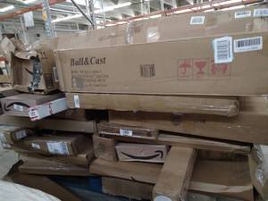 lot 4694 image: Miscellaneous Pallet baby gate, bar stool, Miscellaneous boxes(Sold As Is)
