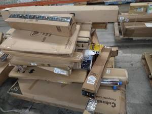 lot 4699 image: Miscellaneous Pallet computer desk, Bed rail, Miscellaneous boxes(Sold As Is)