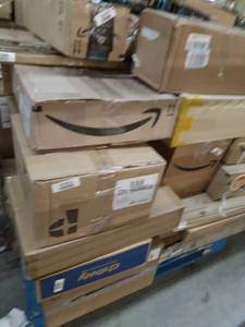lot 4710 image: Miscellaneous Pallet shower rack, monitor desk stand, Miscellaneous boxes(Sold As Is)