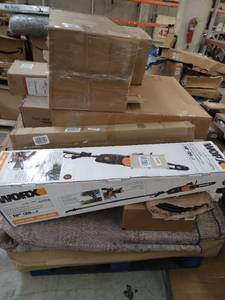 lot 4723 image: Miscellaneous Pallet worx chain saw, rug, Miscellaneous boxes (SOLD AS IS)
