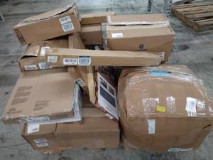 lot 4726 image: Miscellaneous Pallet bed topper, Shoe rack, Miscellaneous boxes(SOLD AS IS)