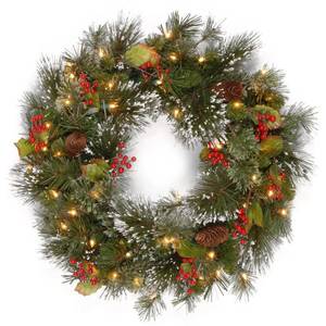 lot 63450 image: GREEN 24in. Battery Operated LED Wintry Pine Wreath 24
