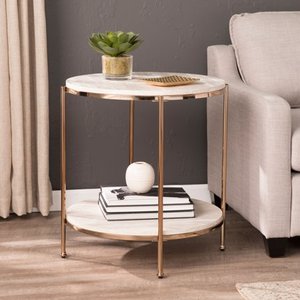 lot 63451 image: Solstone Round Faux Stone End Table, Glam, Champagne, Faux Travertine by Ember Interiors