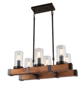 lot 63427 image: Modern Farmhouse 6-light Glass Chandelier Faux Wood Islands Bar Lights - Brown - L27.5 x W11x H 71.5- Retail$284.99