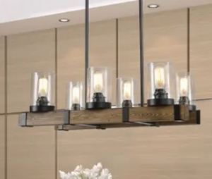 lot 63478 image: Modern Farmhouse 6-light Glass Chandelier Faux Wood Islands Bar Lights - Brown - L27.5 x W11x H 71.5 Retail$284.99