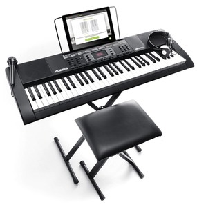 lot 37238 image: 61 Key Keyboard Piano with 300 Sounds, Speakers, Digital Piano Stand, Bench, Headphones, Microphone, Music Lessons and Demo Songs