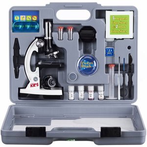 lot 37250 image: AMSCOPE-KIDS M30-ABS-KT2-W Beginner Microscope Kit, LED and Mirror Illumination, 300X, 600x, and 1200x Magnification, Includes 5