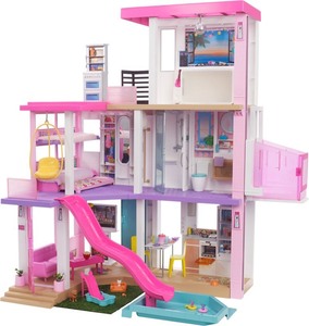 lot 37264 image: Barbie Dreamhouse (3.75-ft) 3-Story Dollhouse Playset with Pool & Slide, Party Room, Elevator, Puppy Play Area, Customizable Lights & Sounds, 75 Pieces, Gift for 3 to 7 Year Olds, New for 2021 - Retails for $199.00