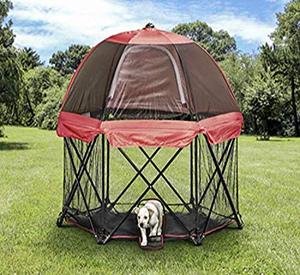 lot 5573 image: Carlson 6-Panel Foldable and Portable Steel Pet Exercise and Play Pen, Indoor and Outdoor, with Carrying Case and Full UV Canopy