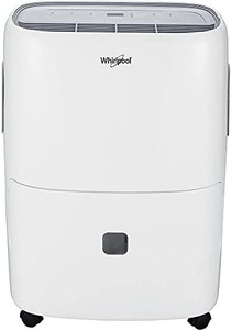 lot 5577 image: Whirlpool 40 Pint Portable Dehumidifier with 24-Hour Timer, Auto Shut-Off, Easy-Clean Filter, Auto-Restart, and Wheels  For Bathrooms, Basements, and Bedrooms  WHAD401CW