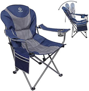 lot 5606 image: Coastrail Outdoor Reclining Camping Chair 3 Position Folding Lawn Chair for Adults Padded Comfort Camp Chair with Cup Holders, Head Bag and Side Pockets, Supports 350lbs, Blue&Grey