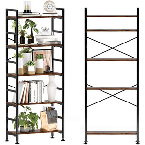 lot 5611 image: CosyStar 5-Tier Adjustable Tall Bookcase, Rustic Wood and Metal Standing Bookshelf, Industrial Vintage Book Shelf Unit, Open Back Modern Office Bookcases