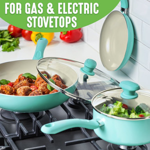 lot 5621 image: GreenLife Diamond Healthy Ceramic Nonstick, Cookware Pots and Pans Set, 12 piece, Turquoise