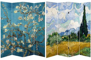 lot 6320 image: Oriental Furniture 6 Van Gogh Double Sided Canvas Room Divider - Almond Blossoms and Wheat Field