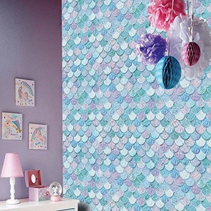 lot 6340 image: Mermazing Collage Calligraphy Mermaid Shells Glitter Wallpaper Ice Blue Arthouse - One Roll