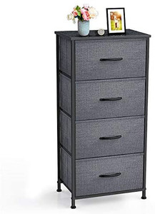 lot 6348 image: Yesker Storage Tower Units, Nightstand, 4 Drawer Organizer, Vertical Fabric, Wide Wood Steel Frame and Small Sideboard for Bedroom, Hallway, Entryway, Easy Pull, Black and Gray
