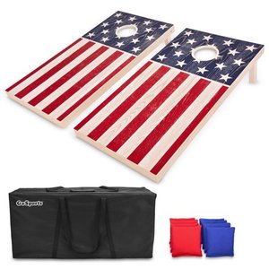 lot 6402 image: GoSports Regulation Size Solid Wood Cornhole Set - American Flag Design - Includes Two 4 x 2 Boards, 8 Bean Bags, Carrying Case and Game Rules