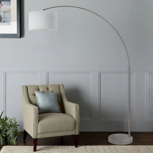 lot 7473 image: FC Design 81 Adjustable Height Arched Floor Lamp with White Drum Shade and White Marble Base