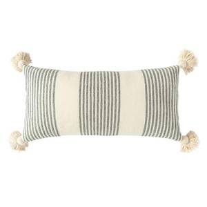 lot 7488 image: Cream Cotton & Chenille Pillow with Vertical Stripes, Tassels & Solid Cream Back
