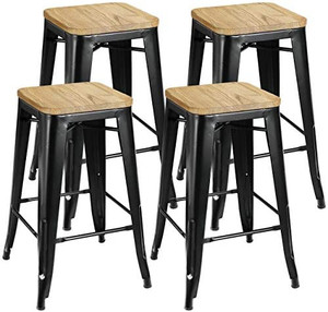 lot 7509 image: ZENSTYLE 26�� 4 Set Stackable Barstools Counter Height Metal Bar Stools Kitchen Island Chairs with Square Wood Top for Indoor & Outdoor